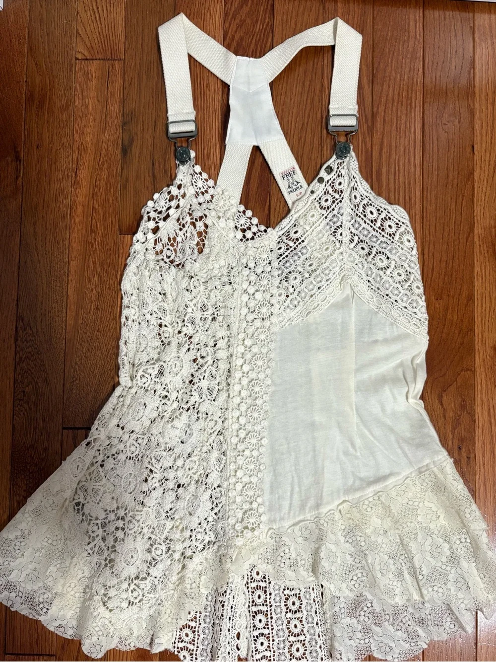 Free People Vintage Cream Lace Crochet Halter Top with Straps, Size Small